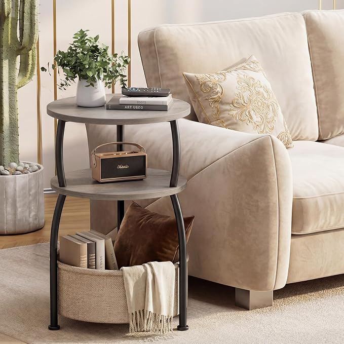 Small Side Table with Storage, 15.75in Round End Table with Basket, USB Port and Outlet, 3 Tiers Sofa Couch Table Bedside Table for Living Room Bedroom, Small Spaces, Greuge