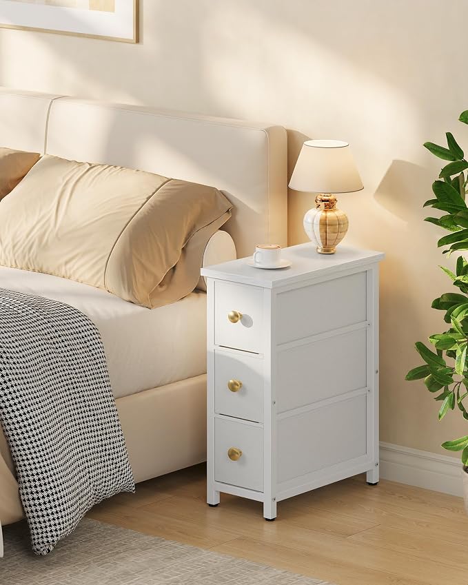 CHOEZON Narrow Side Table with 3 Fabric Drawers, Industrial Slim Bedside Table for Small Spaces, Bedroom, Living Room, Dormitory, White TBZ09WB