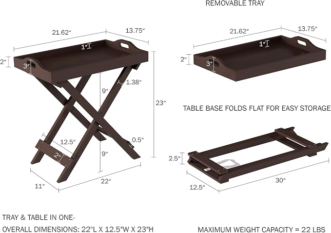 Lavish Home End Folding Modern Minimalist Wooden Contemporary Side Table, Multifunctional, Portable, Stylish Serving, Snack or Lap Tray, Suitable for Indoor and Outdoor Use - BROWN