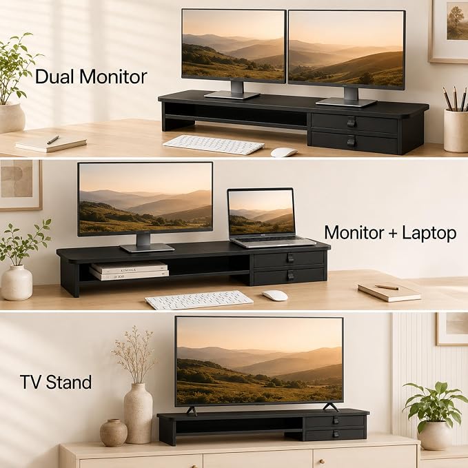 Dual Monitor Stand, 42.5 Inch Wood Monitor Riser with Drawers, 2 Tier Desktop Organizer for Computer Laptop TV, Large Screen Stand for Home Office Desk