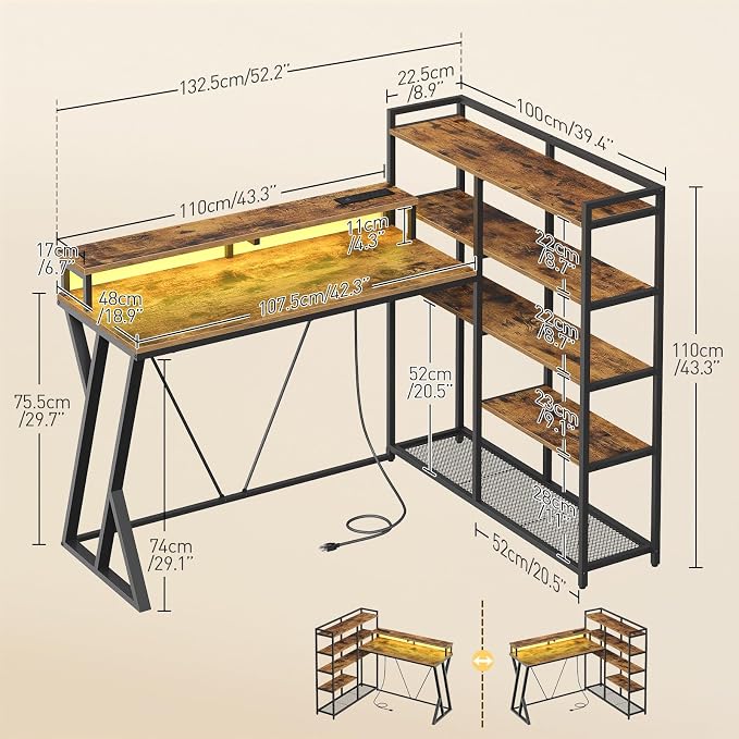 RALGEND L Shaped Gaming Desk with Bookshelf, 52'' Reversible Computer Desk with LED Light & Power Outlet, Corner Desk with Storage Shelves and Monitor Stand for Home Office, Rustic Brown