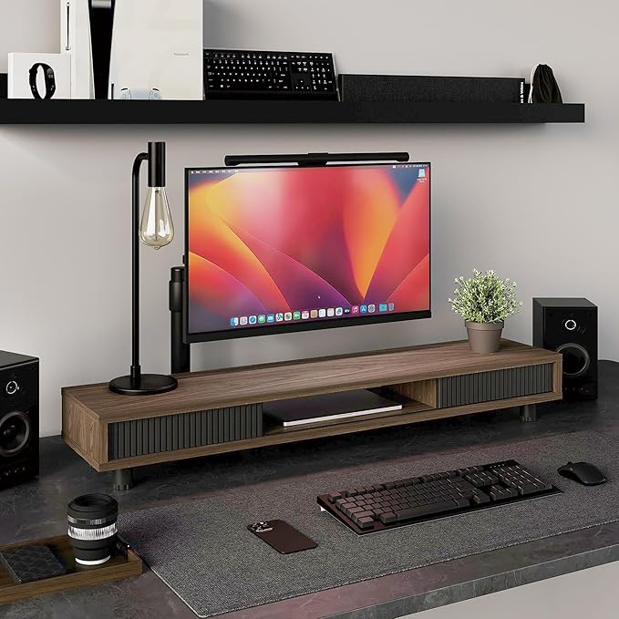 Fenge Dual Monitor Stand, 42.5inch Long Monitor Stands Riser for 2 Monitors, Glass Sliding Door with Storage Organizer Stand for Desk, 2 Tier Desk Shelf for Laptop, Pc, Printer, Computer, TV