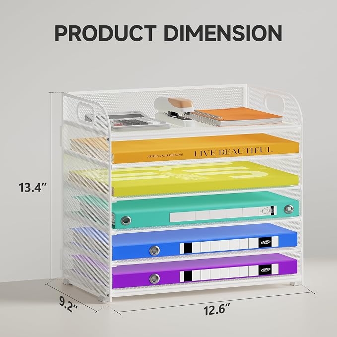 Cawukege 6 Tier Paper Organizer, White Letter Tray with Handle, Mesh Desk Organizer, Metal File Organizer, Office Desk Accessories for Home, Office, Classroom, School