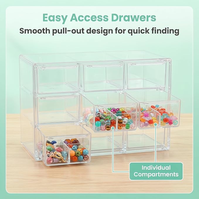 Acrylic Drawer Organizer, Clear Desk Organizer with Drawer, Plastic Stackable Storage Drawers with 9 Drawers, Dustproof Organizers for Jewelry, Craft, Office Supplies