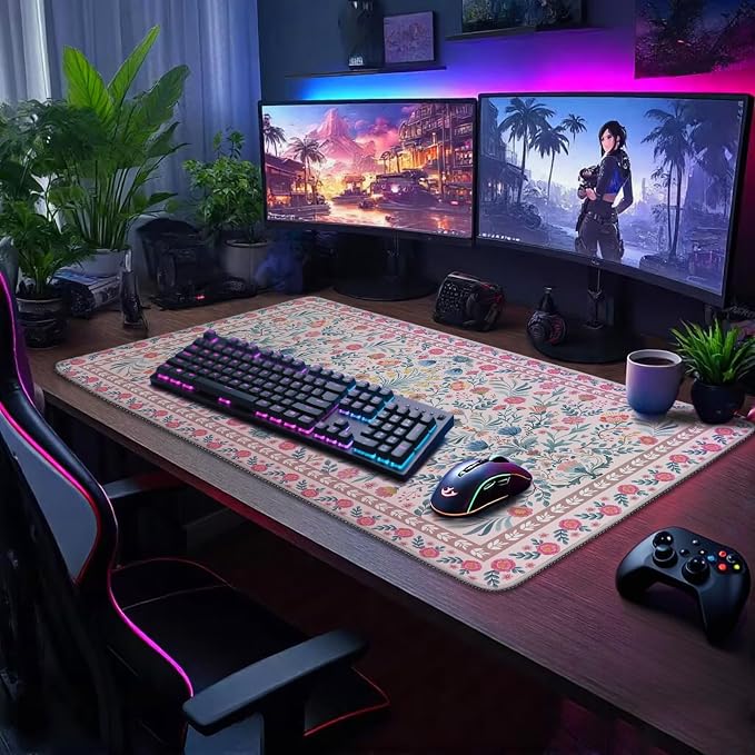 Pink Floral Desk Mat 31.5"x15.7", Extra Large Mouse Pad with Non-Slip Rubber Base, Waterproof Desk Blotter with Stitched Edges, Smooth Computer Mat for Home Office Desk