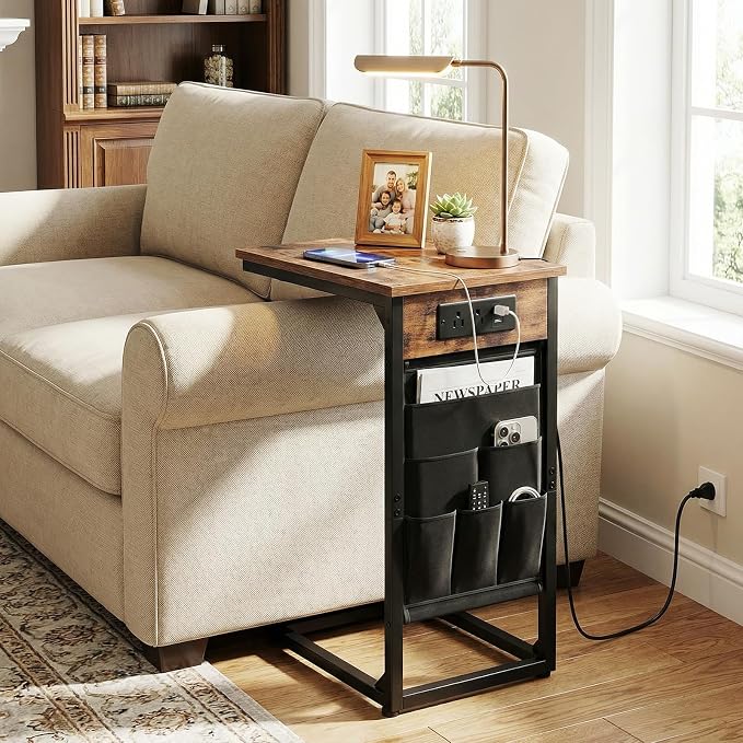 AMHANCIBLE C Shaped End Table with Charging Station, TV Tray Couch Tables with Storage Bag, Slide Under Sofa Side Side Table with USB Ports and Outlets for Living Room, Rustic Brown, HET04CBR-1
