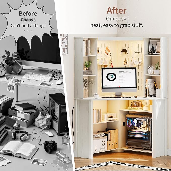 Corner Desk with Shelves-&LED Reading Light,Triangle Home Office Desk w/Charging Station for Work & Study,File Cabinet Storage Bookshelf for Small Space (White)