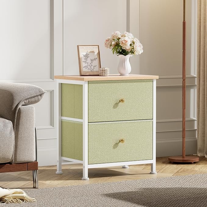 DUMOS Nightstand Set of 2, Bedside Table for Bedroom, Small Dresser | Side/End Table with 2 Fabric Drawers, Storage Cabinet Furniture, 20 Inch Night Stand for Closet, Entryway, Light Green 2Pack