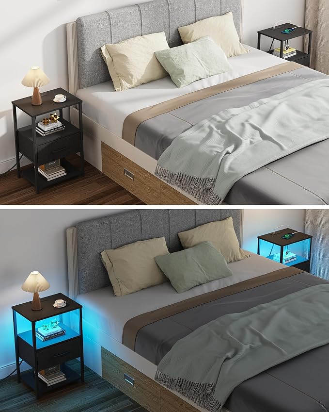 TUTOTAK LED Nightstand Set of 2, Night Stand with Charging Station, End Table, Bedside Table with Fabric Drawer, Side Table for Livingroom and Bedroom, Black TB01BK0692L