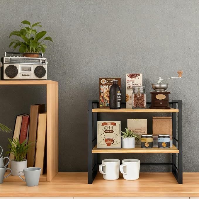 Desktop Shelf Organizer，Desk Shelf for Top of Desk， 2 Tier Adjustable Small Bookshelf ，Wood Desk Organizer Storage Rack and Freestanding Display Shelf for Office, Dormitory, Home (black, 16.9in)