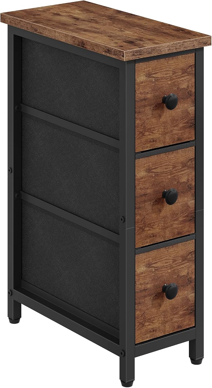 CHOEZON Narrow Side Table with 3 Fabric Drawers, Industrial Slim Bedside Table for Small Spaces, Bedroom, Living Room, Dormitory, Rustic Brown and Black TBZ09BF