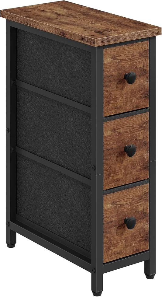 CHOEZON Narrow Side Table with 3 Fabric Drawers, Industrial Slim Bedside Table for Small Spaces, Bedroom, Living Room, Dormitory, Rustic Brown and Black TBZ09BF