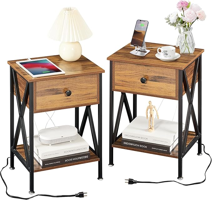VECELO Nightstand, Bedside End Tables with Charging Station, USB Ports, Drawer Shelf, Night Stand for Bedroom Living Room 2-Pack, Brown
