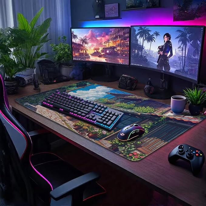 Japanese Street Scene Large Gaming Mouse Pad 31.5"x15.7"｜XXL Desk Mat, Non-Slip Rubber Base & Stitched Edges - Extended Waterproof Mousepad for PC/Laptop/Office/Home Decor