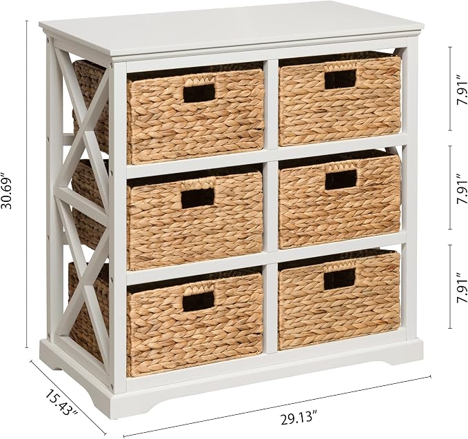 eHemco Hampton Meadows 3 Tier X-Side End Storage Cabinet with 6 Wicker Baskets, White