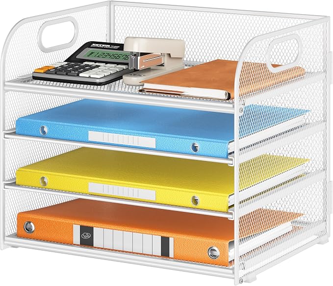 Lavatino Paper Organizer for Desk, 4-Tier Desk Organizer Tray, Mesh Desktop File Organizers with Handle, Office Classroom Organization and Storage-White