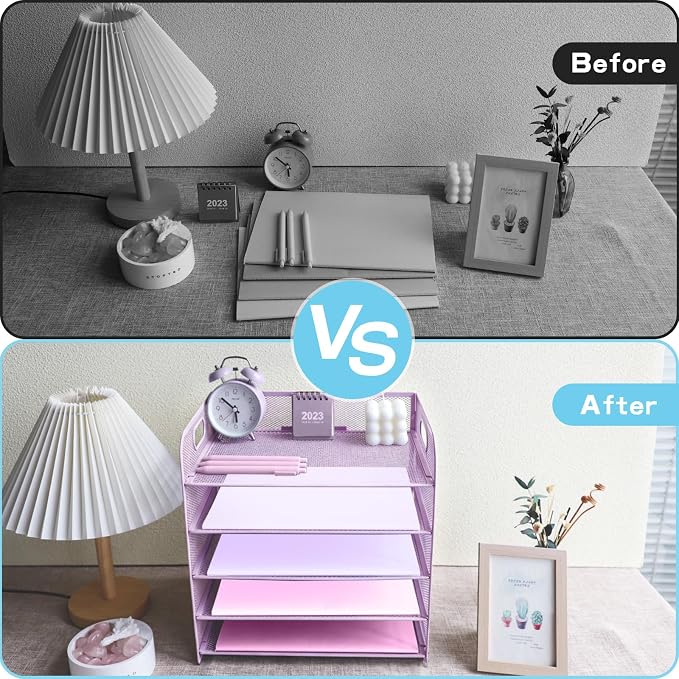 5 Tier Lettrer Tray Organizer with Handle, Metal Mesh Desk File Organizer with Sliding Trays, Paper Sorter Desk for Home Office School, Purple