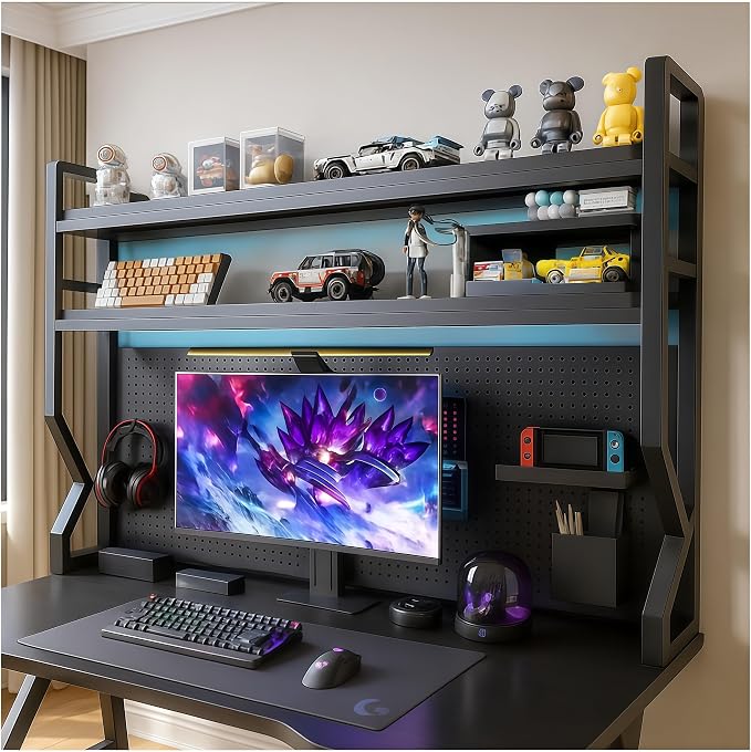 Desktop Hutch Bookshelf,Many Gifts,Metal Desktop Bookcase with pegboard, Desk Shelf, Countertop Storage Organizer Rack for Dorm or Office,Desktop Shelves (Black, 29.5" Lx9.9 Wx39 H)