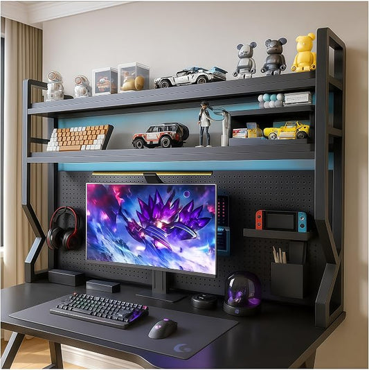Desktop Hutch Bookshelf,Many Gifts,Metal Desktop Bookcase with pegboard, Desk Shelf, Countertop Storage Organizer Rack for Dorm or Office,Desktop Shelves (Black, 29.5" Lx9.9 Wx39 H)