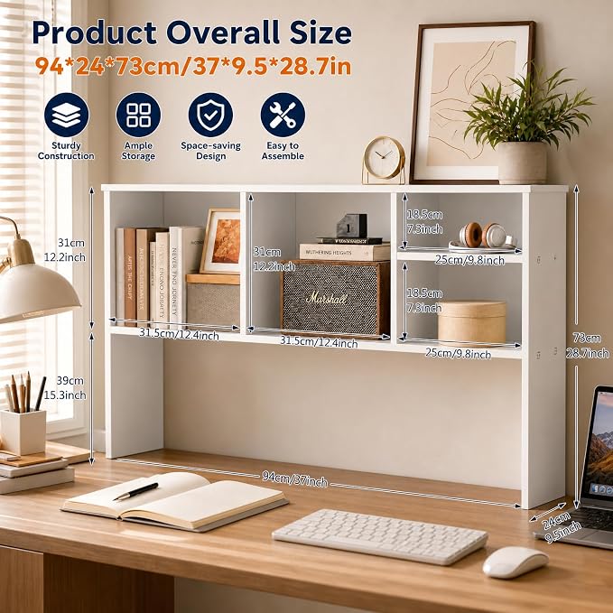 Desk Hutch with 4 Shelves Desktop Bookshelf Multi-Functional Desktop Organizer 2 Tire Desk Storage Shelf for Home Office (White)