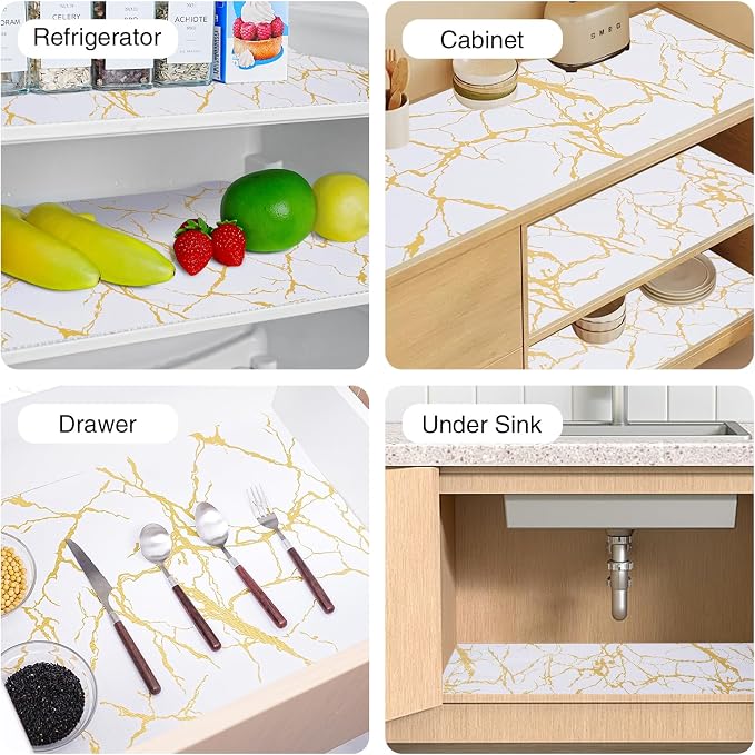 Drawer and Shelf Liner for Kitchen Cabinet,Non-Adhesive Cabinet Liner 12in x 20FT,Waterproof Shelf Paper Non-Slip Mats Cupboard Liners Contact Protect Dresser/Shelves/Table-Gold Marble