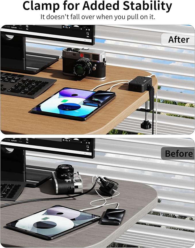 HOPOW Desk Clamp Power Strip, 2 Pack Desktop Mount Charging Station with 4 Outlets 4 USB Ports (2 USB C), 10Ft Under Desk Power Strip, Fits 2.75" Tabletop Edge, Extension Cord for Home Office, Black