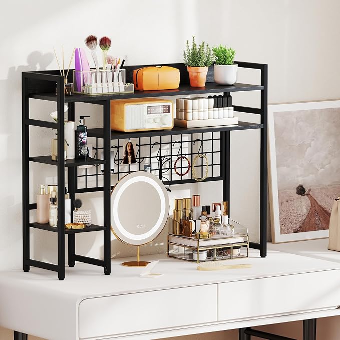 Tangkula Desktop Bookshelf for Computer 32” Monitor, 37" Countertop Storage Hutch with 4 Open Storage Shelves, Grid Panel, Anti-tip Device, 4-Tier Desktop Display Shelves for Home Office