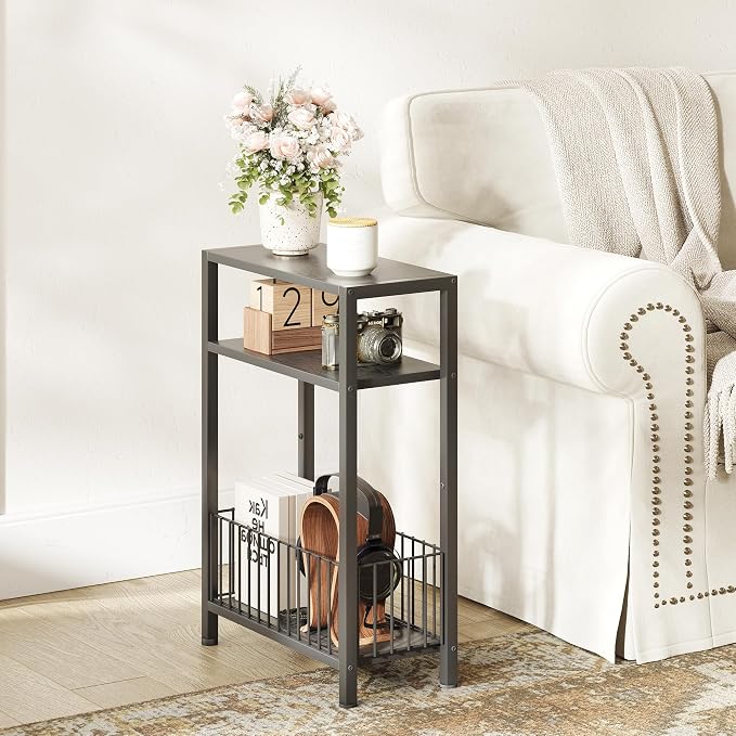 TRIFEBLE Narrow Side Table with Storage Basket, Small End Table for Small Spaces, Slim Sofa Table for Living Room, 3 Tier Bedside Table for Bedroom, Black