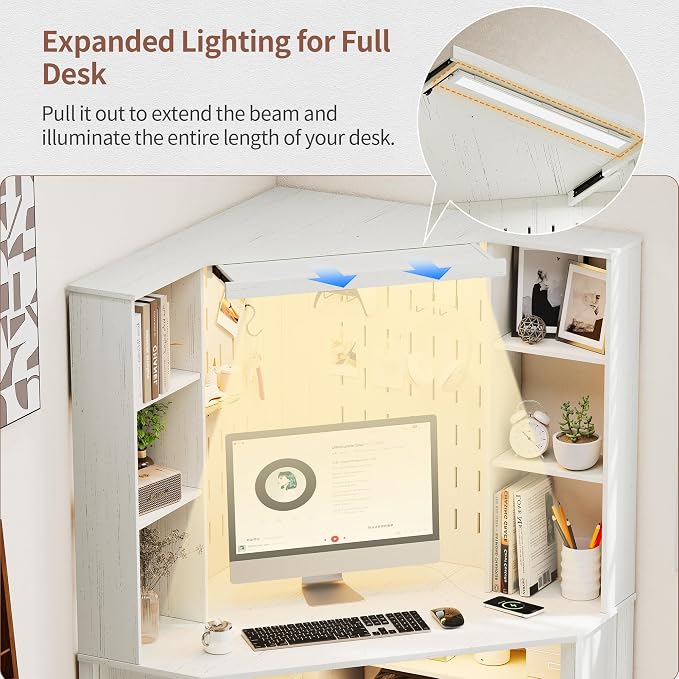 Corner Desk with Shelves-&LED Reading Light,Triangle Home Office Desk w/Charging Station for Work & Study,File Cabinet Storage Bookshelf for Small Space (White)