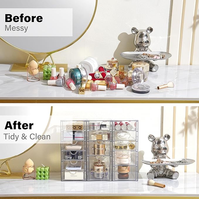 Prsildan Acrylic Drawer Organizer with 15 Drawers, Makeup Craft Office Desk Organizers Accessories, Set of 3 Clear Stackable Storage Drawers for Vanity, Countertop, Jewelry, Art Supply Organization