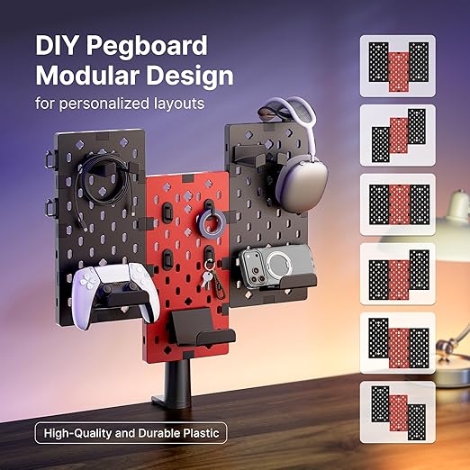 PEGZONE Modular Headphone and Controller Holder for Game, Clamp-on Pegboard, Rotatable Controller Stand with Cable Hooks, Gaming Accessory for Xbox PS5 PS4 Nintendo Switch, 3Pcs Pegboard, Red