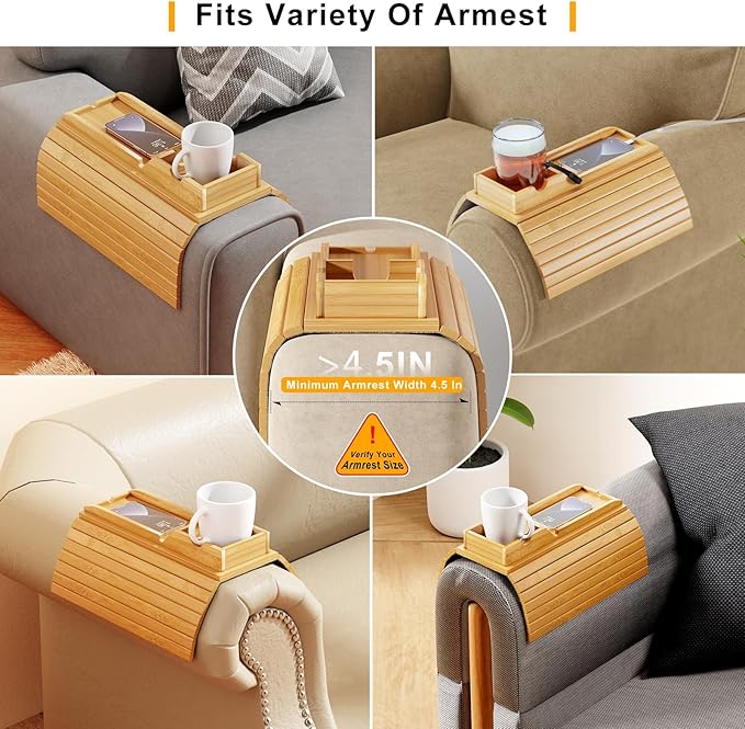 Bestjing Bamboo Sofa Armrest Tray - Couch Arm Tray with Detachable Couch Cup Holder - 2 in 1 Anti-Slip Foldable Sofa Armchair Caddy Table for Drinks Cellphone TV Remote Snacks