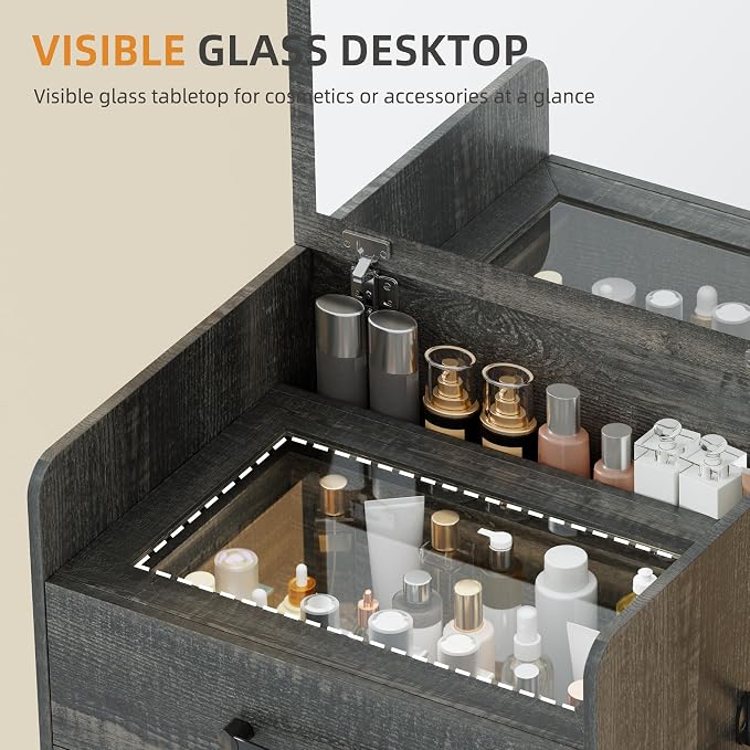 Gurexl 3 in 1 Vanity Desk with Flip Top Mirror,Small Compact Vanity with Visible Glass Desktop,Makeup Vanity Set with 3 Drawers,Cushioned Stool,Dressing Table for Bedroom,Rustic