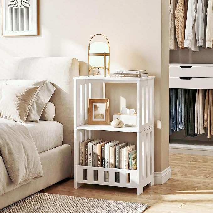 HAYOFAMY 3 Tier Side Table Night Stand, Narrow End Table with Display Shelf, Small Bookcase Bookshelf, Simple Bedside Table Storage Rack for Bedroom, Living Room, Office, Bathroom, White