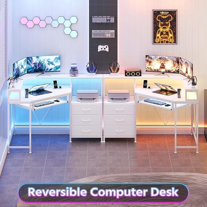 YOMILUVE Small Corner Desk with Drawers, Corner Gaming Desk with Power Outlets & Printer Shelf for Small Space, Triangle Computer Desk with LED Lights, Keyboard Tray and Monitor Stand, White