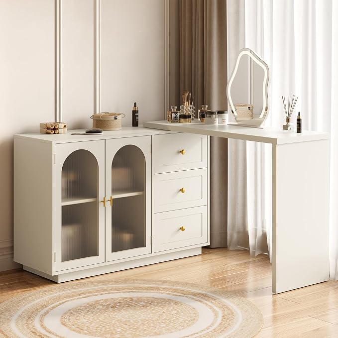 FansaFurn 83" Extendable Corner Vanity Desk, 3 in 1 Vanity with Rotatable Tabletop, Oversized White Makeup Table for Women Girls, 3 Drawer & 2 Door, Wood Dresser for Apartment, Bedroom, Home Office