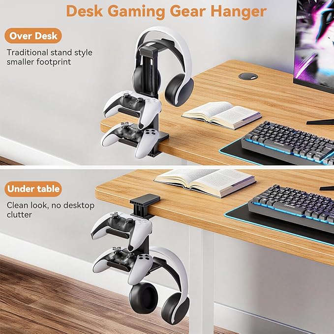 Headphone Stand & Under Desk Controller Holder with Adjustable Clamp, Controller Stand & Headset hanger for Desk Mount with 360° Rotating Hook & Cable Organizer 3-in-1 Game Organizer, Headphone Cases