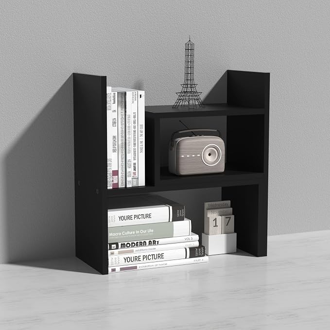 MASAKA B&W - Kawaii Storage Desktop Organizer for Your Desk Space, Double H Plants Display Shelf, Home Office Storage Rack Adjustable Stackable for Office, Dormitory (Black*02)