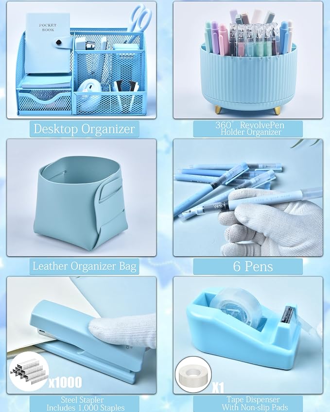 LXEVIHK 20Pcs Blue Desk Organizers and Accessories With Mesh Desk Organizer and 360°Rotating Pen Holder and a Lot of Office Blue Office Supplies Beautifully Presented in a Gift Box