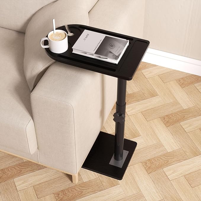 YUHFERA 360° Rotatable Sofa Tray Table for Couch Arm - Height Adjustable End Table for Bed or Chair with Phone & Tablet Slots, TV Tray Table, Side Table Tray for Small Spaces（Black,Arc）