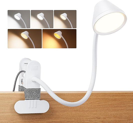 LEPOWER Clip on Light, Reading Lights for Books in Bed with 5 Colors & Stepless Dimming, RG0 Eye-Care, Auto Timer & Night Light, Strong Clamp for Headboard, Bedside, Desk, White