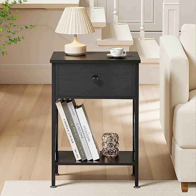 VECELO Night Stand with Drawer, 2 Tiers Storage Shelves End Table, Small Side Table for Small Spaces,Night Stand for Living Room, Bedroom, Black