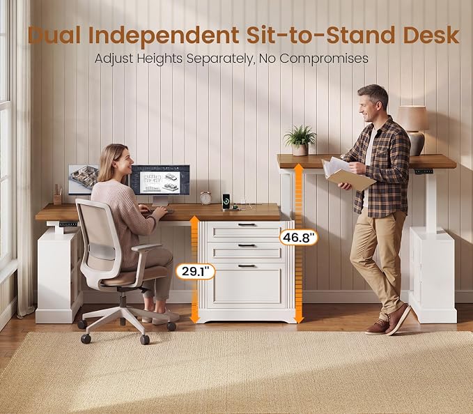 SEDETA Standing Two Person Desk, 98.4'' Farmhouse Long Computer Desk with 3 Drawers, Storage Cabinet, Electric Height Adjustable 2 Person Desk with Power Outlets for Home Office, White+Brown
