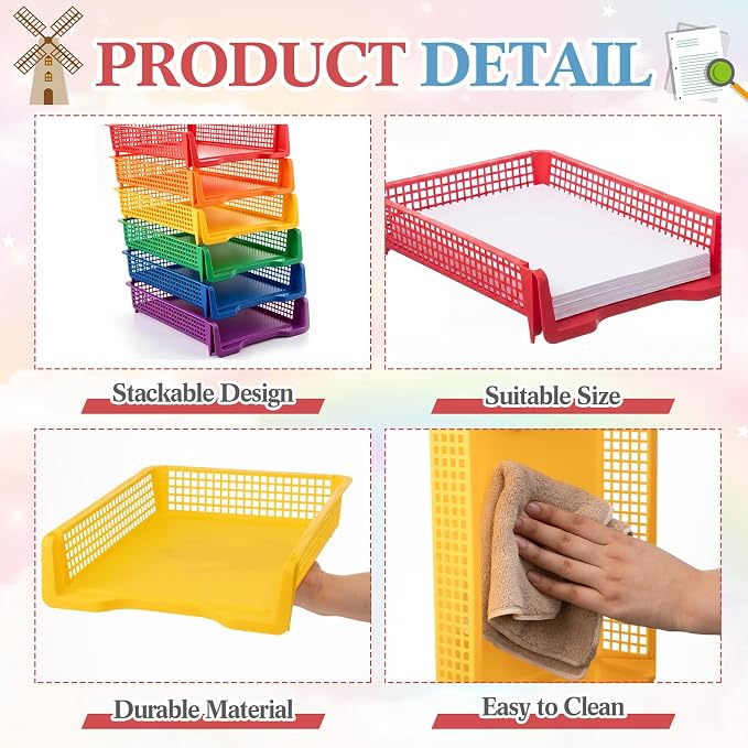 Geetery Set of 12 Plastic Trays for Teachers Turn in Trays Classroom Stackable Paper Tray Plastic Classroom Teachers Desk Letter Organizer Storage Baskets for Office, Desk, Home (Rainbow Color)