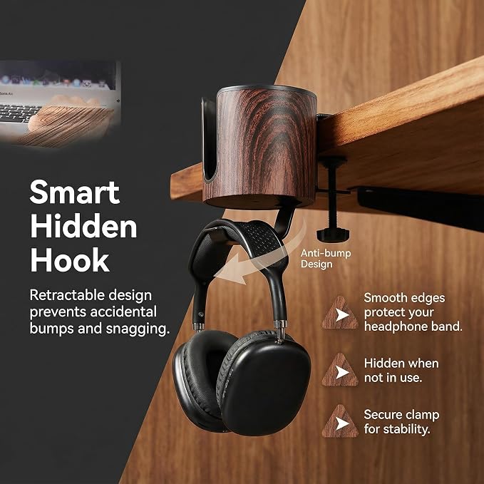 Luxury 2-in-1 Desk Cup Holder with Headphone Hanger for Office, Home, Gaming(Wooden Design)