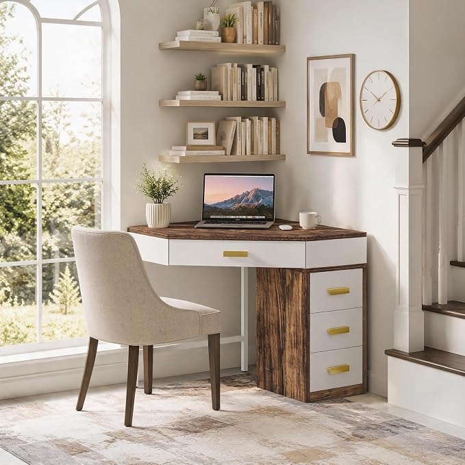 Tribesigns Corner Desk with 4-Drawer Storage,Triangle Computer Desk,Vanity Station,Study Nook for Small Space,Home Office,Bedroom,Living Room (White&Brown)