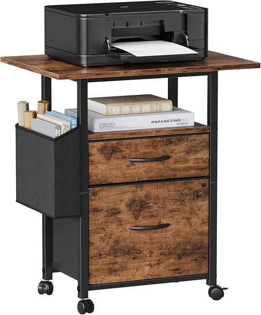 GYIIYUO 2 Drawer File Cabinet with 24'' Extended Desktop, Light Brown | Mobile, Side Bag, Fits A4/Letter Size, Rolling Printer Stand, Home Office, Filing Cabinet, Fabric Drawer