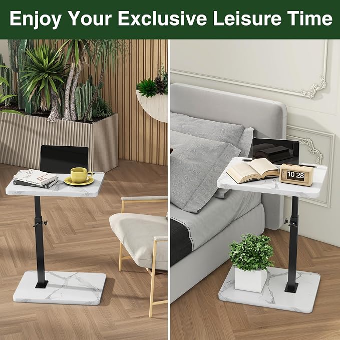 IBUYKE C Shaped Side Table, 360° Swivel Height Adjustable End Table for Small Spaces, with Phone & Tablet Slot, Modern Small Coffee Snack Table for Sofa/Bed, White with Black UTVT003BW