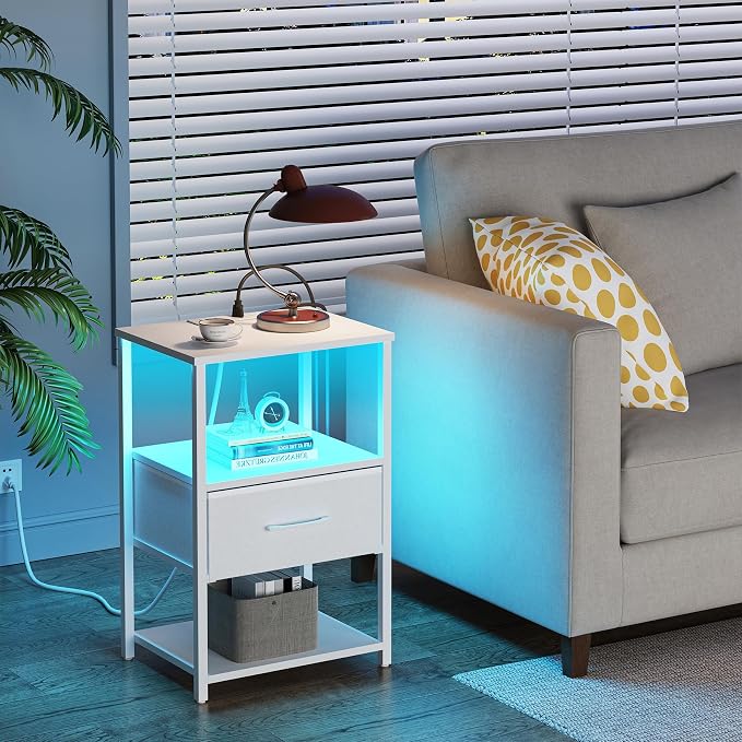 TUTOTAK LED Nightstand Set of 2, Night Stand with Charging Station, End Table, Bedside Table with Fabric Drawer, Side Table for Livingroom and Bedroom, Whtie TB01BW0692L