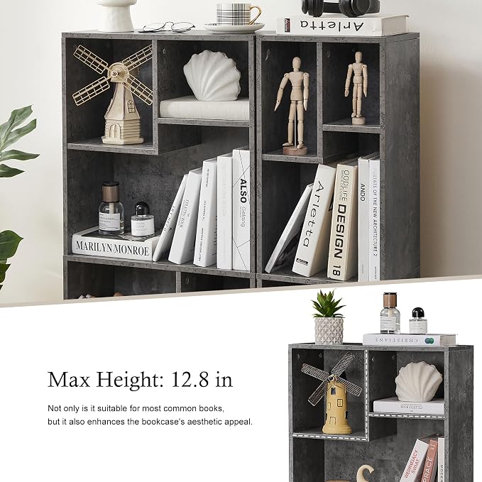 VECELO 11.8" Open Bookshelf, Waterproof Particle Board Asymmetrical Split Cubby Storage Organizer, Gray Uneven Compartment Display Cube for Tall Books, Bedroom Dorm Office